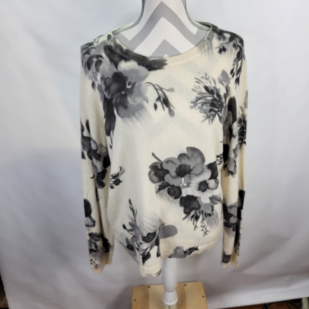 Magashoni Floral 100% Cashmere Sweater Crew Neck Size XL Gray Cream Black